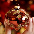 8cm Burgundy with Gold Leaf Glass Christmas Tree Teardrop Bauble