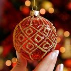 8cm Red with Gold Diamonds Glass Christmas Tree Bauble