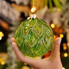 10cm Green Leaf Design Glass Christmas Tree Bauble