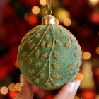 8cm Green with Leaf Design Glass Christmas Tree Bauble