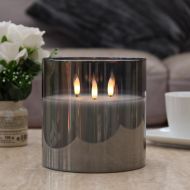 3 Wick Grey Battery Wax Authentic Flame Candle in Smoked Glass Cylinder