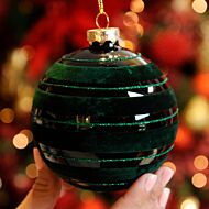 10cm Green with Lines Glass Christmas Tree Bauble