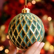10cm Green and Gold Flock Diamond Cut Glass Christmas Tree Bauble