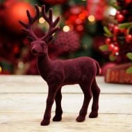 22cm Burgundy Flocked Standing Reindeer Table Decoration
