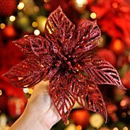 22cm Burgundy Glitter Clip On Poinsettia Christmas Tree Decoration