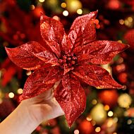 22cm Red Glitter Clip On Poinsettia Christmas Tree Decoration
