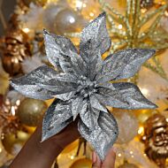 22cm Silver Glitter Clip On Poinsettia Christmas Tree Decoration