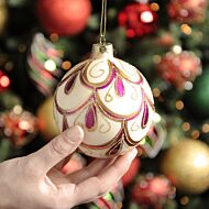 10cm White with Purple Drop Design Glass Christmas Tree Bauble