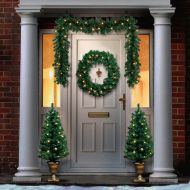 Outdoor Battery Pre-Lit Christmas Garland, Wreath and 2 Potted Trees Bundle