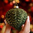 8cm Gold and Green Ridged Glass Christmas Tree Bauble