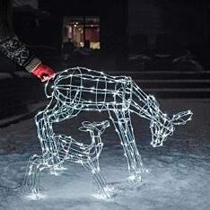 Outdoor White Wire Framed Doe and Baby Reindeer Figure