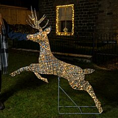 1.5m Outdoor Grey Rattan Leaping Stag Christmas Figure, Dual Colour LEDs