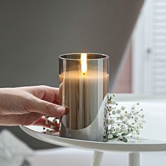 Grey Battery Wax Authentic Flame Candle in Smoked Glass Cylinder, 12.5cm