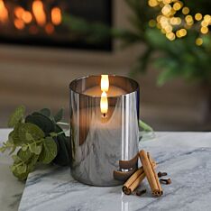 Grey Battery Wax Authentic Flame Candle in Smoked Glass Cylinder, 10cm