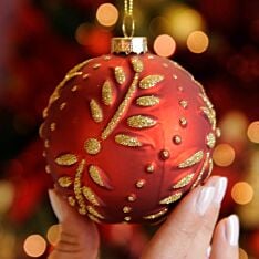 8cm Red Leaf Design Glass Christmas Tree Bauble