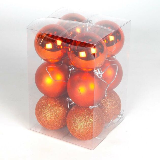 12 x 60mm Orange Assorted Finish Christmas Shatterproof Baubles