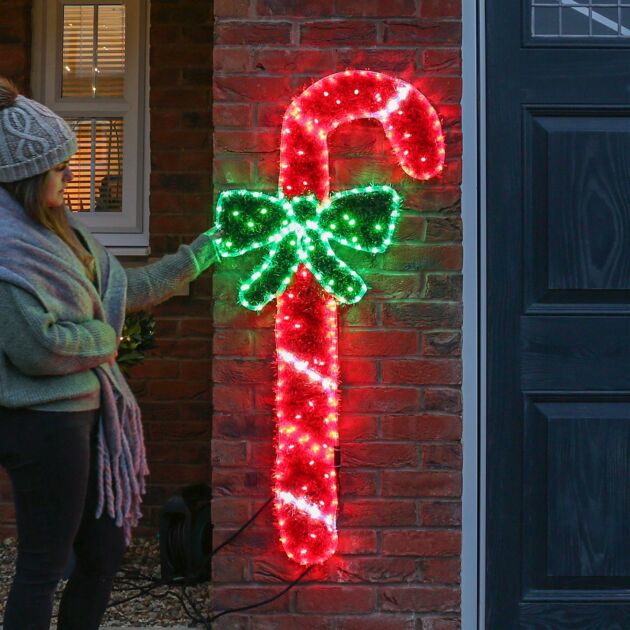1.3m Outdoor Candy Cane Tinsel Christmas Silhouette, Static and Flashing LEDs