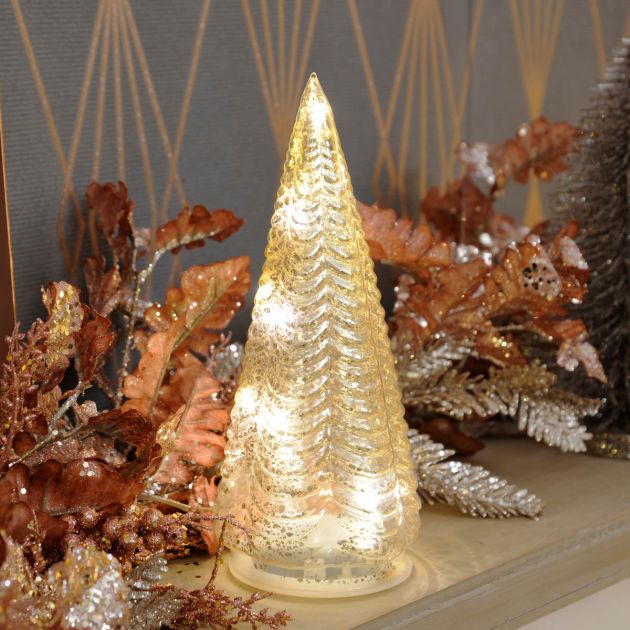25cm Battery Metallic Glass LED Snow Table Top Christmas Tree