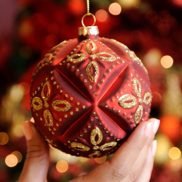 10cm Red Glitter Cushion Design Glass Christmas Tree Bauble