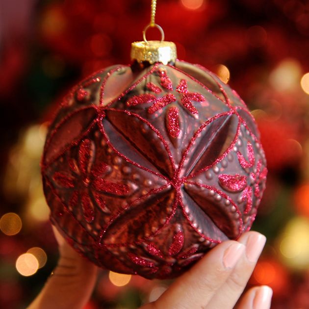 10cm Burgundy Geometric Floral Glass Christmas Tree Bauble