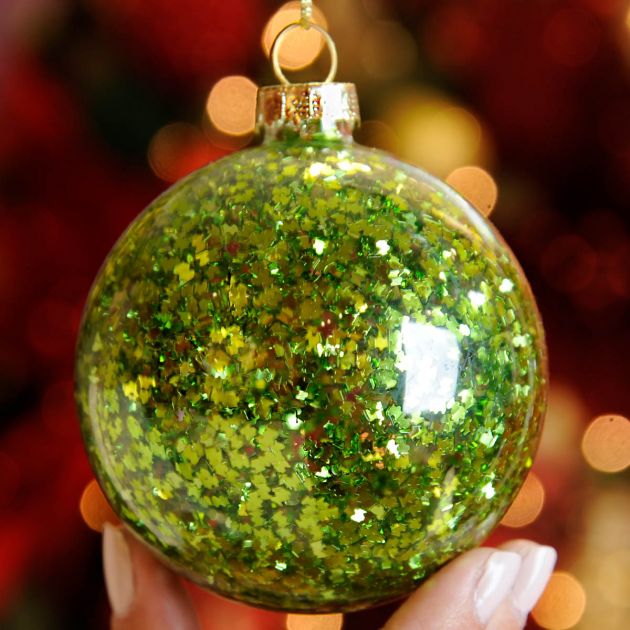 8cm Clear with Green Sequins Glass Christmas Tree Bauble