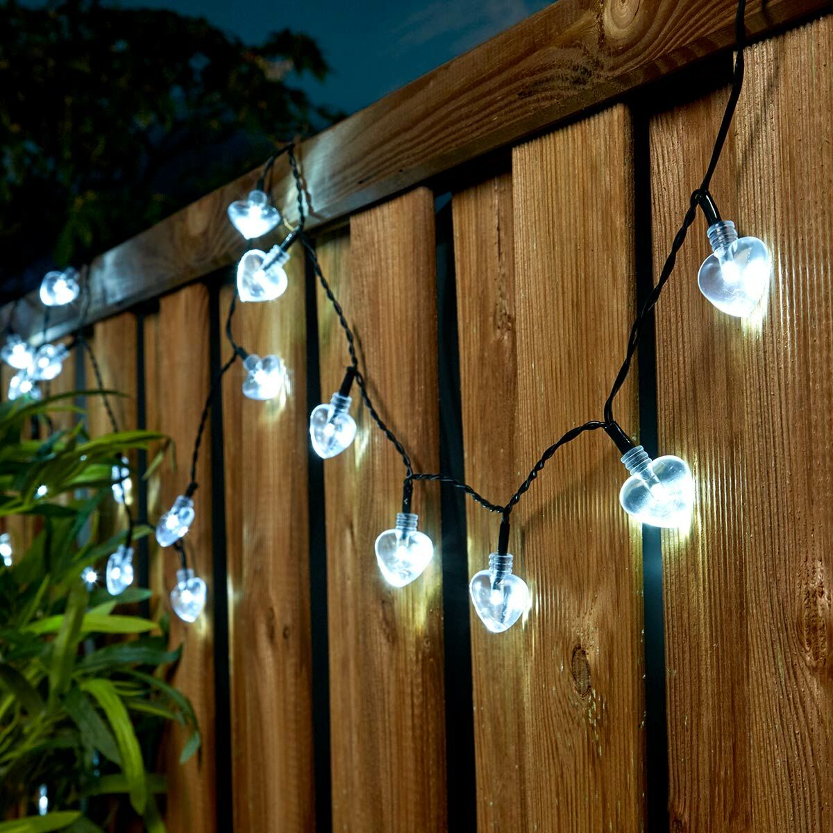 5m Indoor & Outdoor Battery Heart Fairy Lights, White LEDs, Green Cable