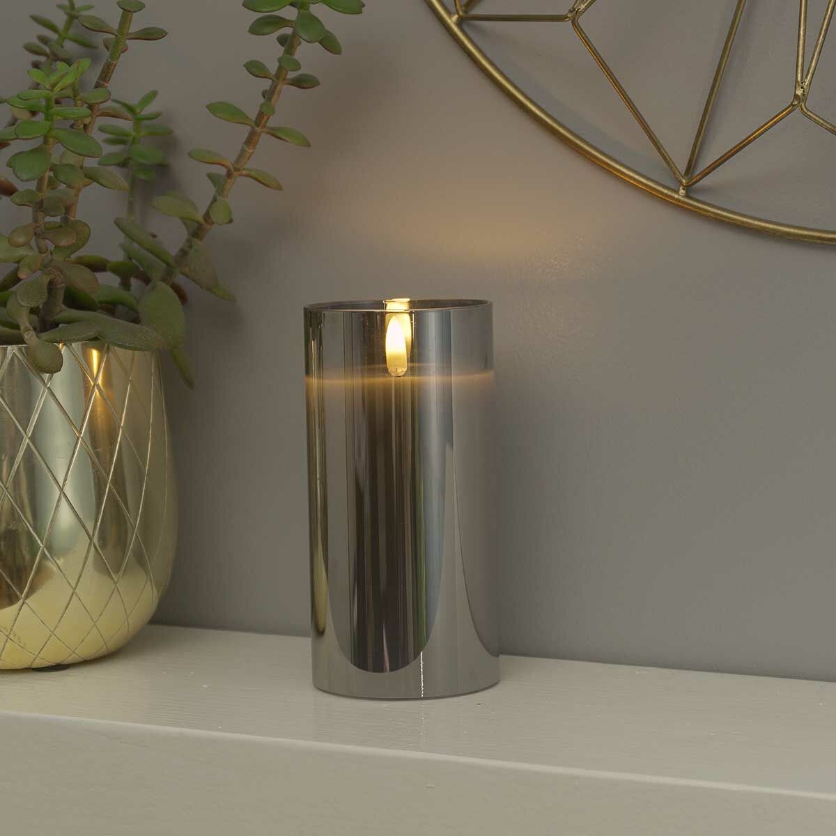 Grey Battery Wax Authentic Flame Candle in Smoked Glass Cylinder, 15cm image 8