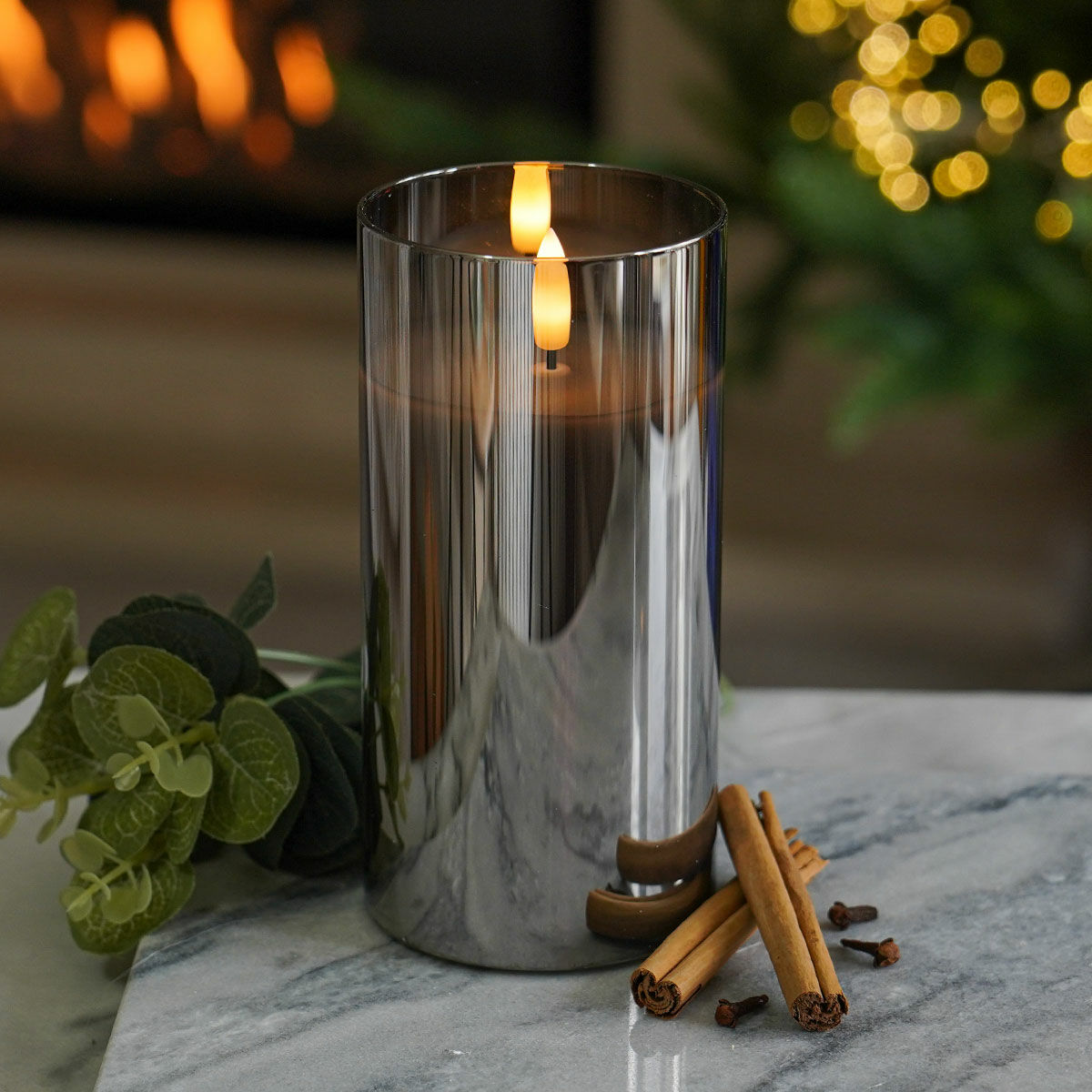 Grey Battery Wax Authentic Flame Candle in Smoked Glass Cylinder, 15cm image 2