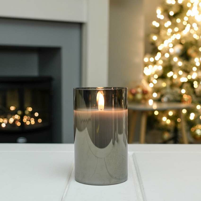 Grey Battery Wax Authentic Flame Candle in Smoked Glass Cylinder image 8