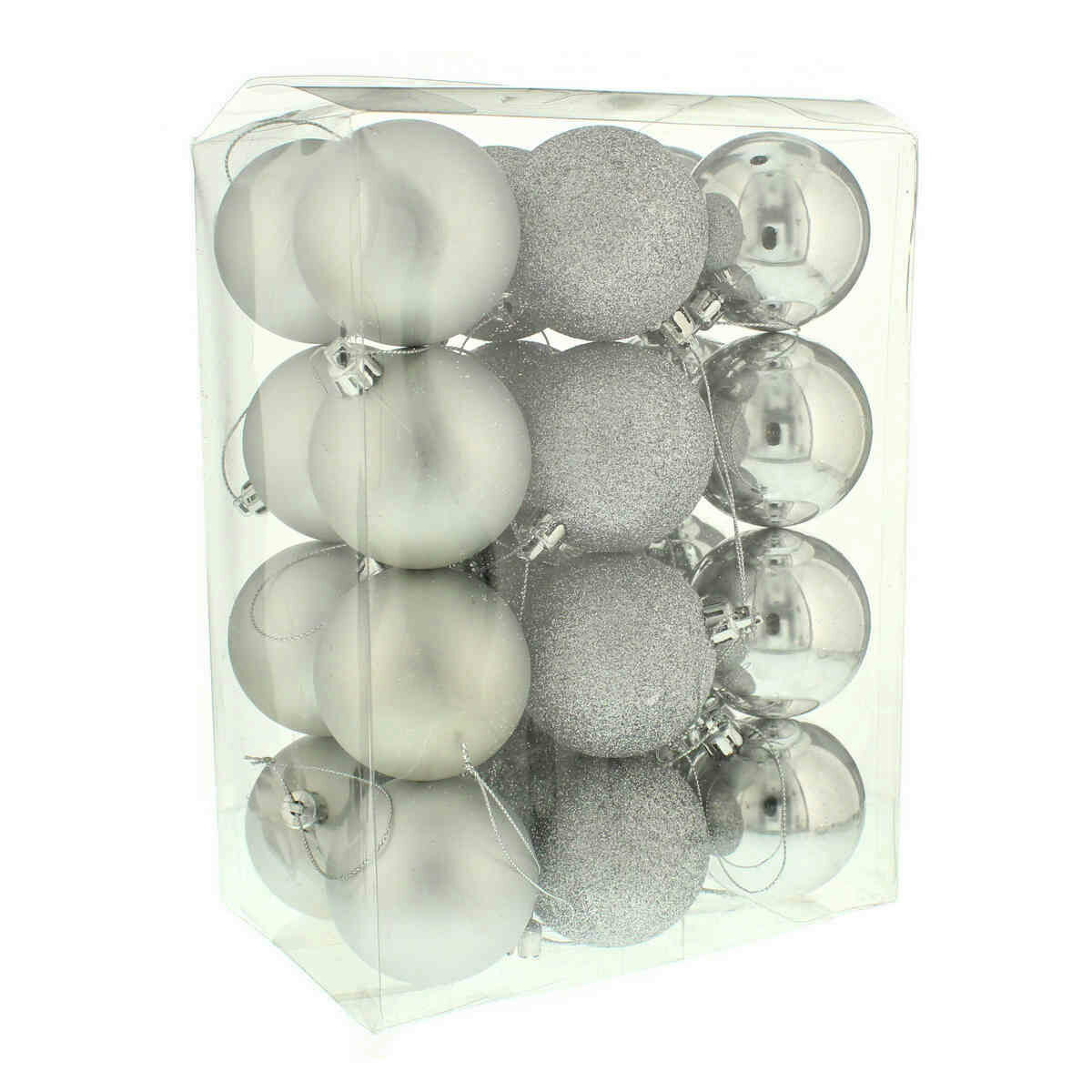 24 x 6cm Silver Assorted Finish Christmas Tree Baubles image 1