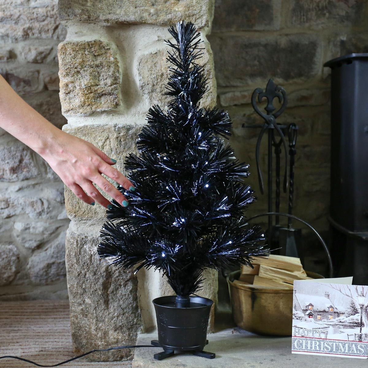 2ft Black Fibre Optic Christmas Tree, White LEDs image 1