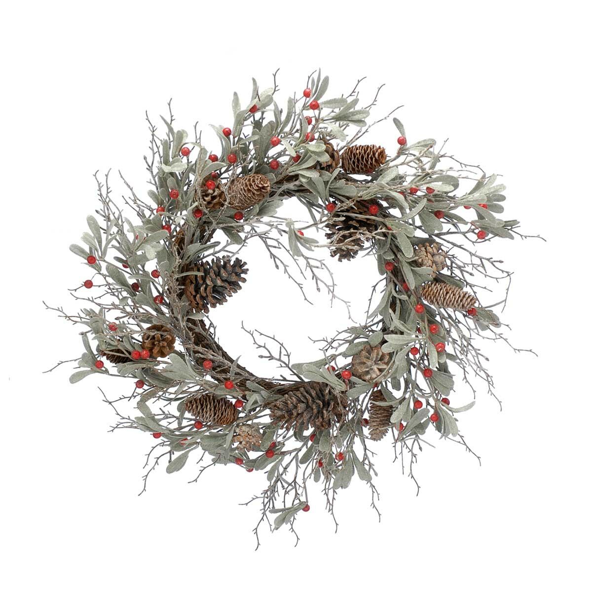 60cm Frosted Mistletoe and Red Berry Christmas Wreath.
