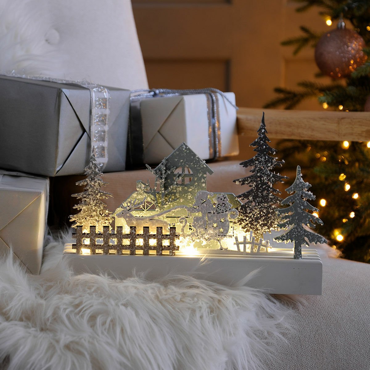 Battery White Wooden LED House with Santa Christmas Village Scene image 1