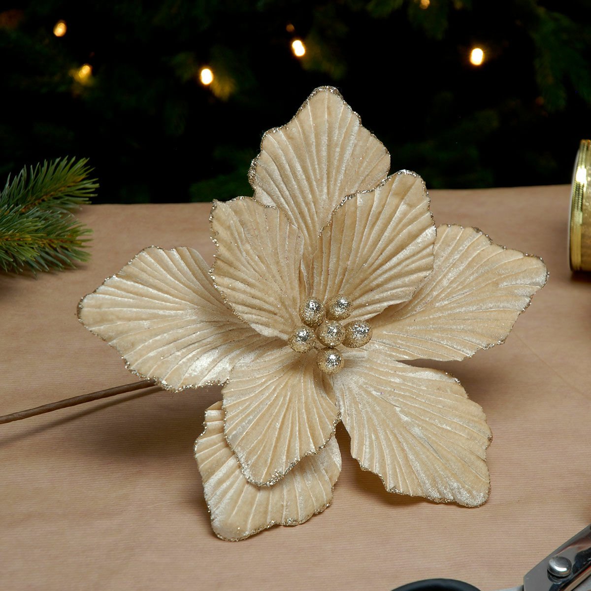 40cm Gold Velvet Magnolia Christmas Tree Decoration, 4 Pack image 1