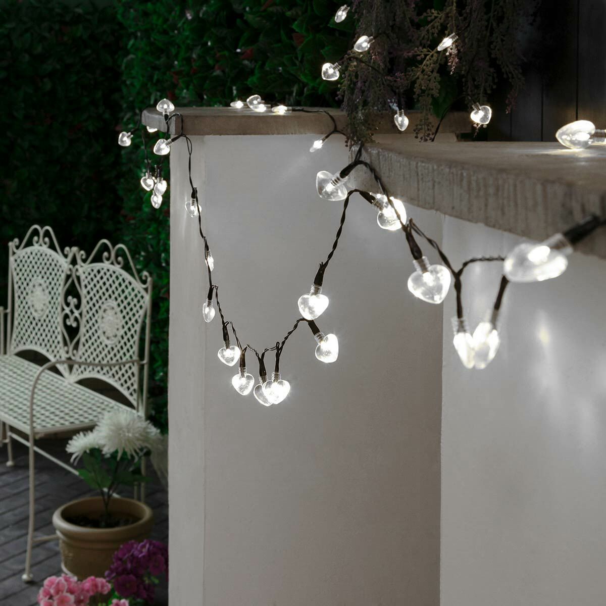 5m Indoor & Outdoor Battery Heart Fairy Lights, White LEDs, Green Cable image 3