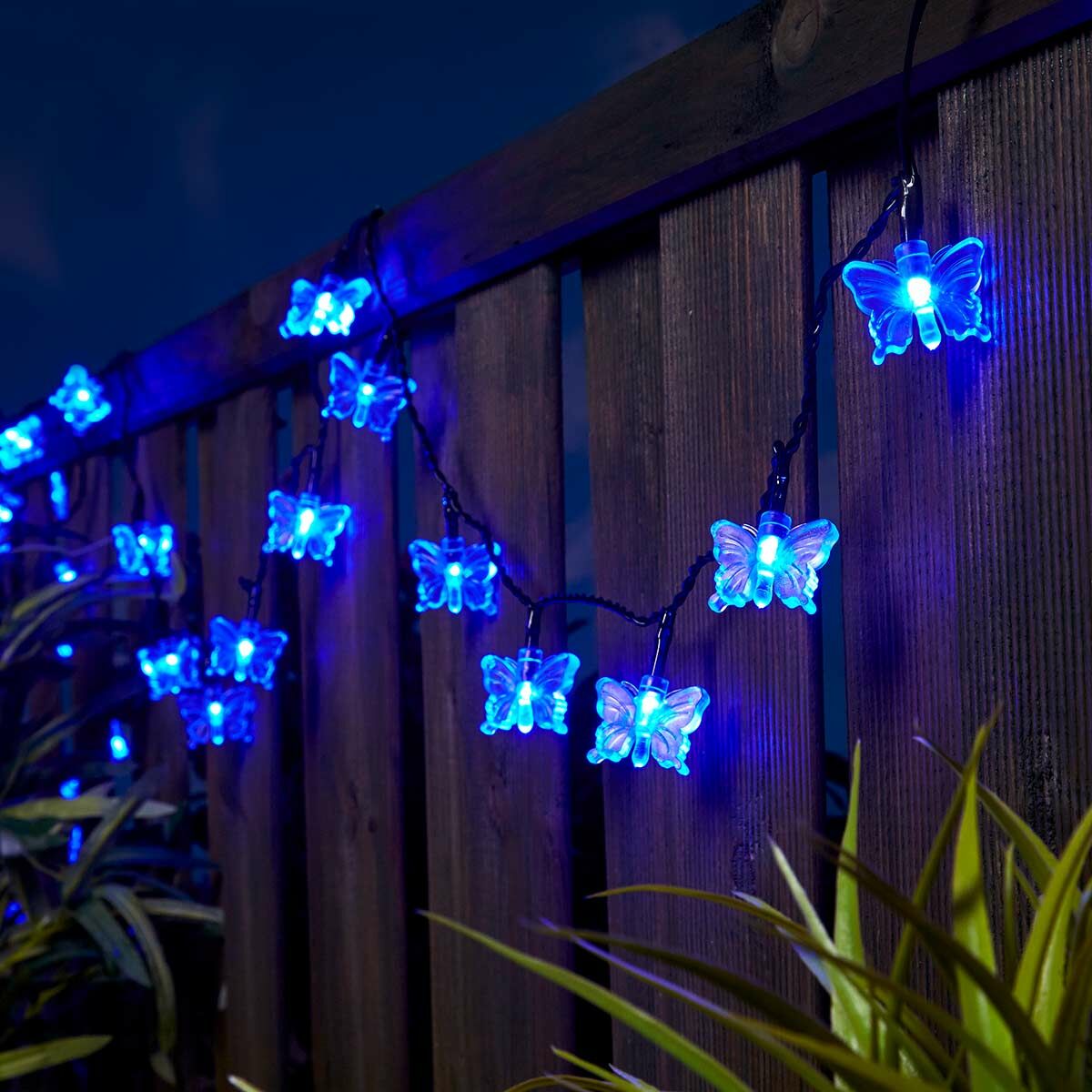 5m Outdoor Battery Butterfly Fairy Lights, Blue LEDs, Green Cable image 1