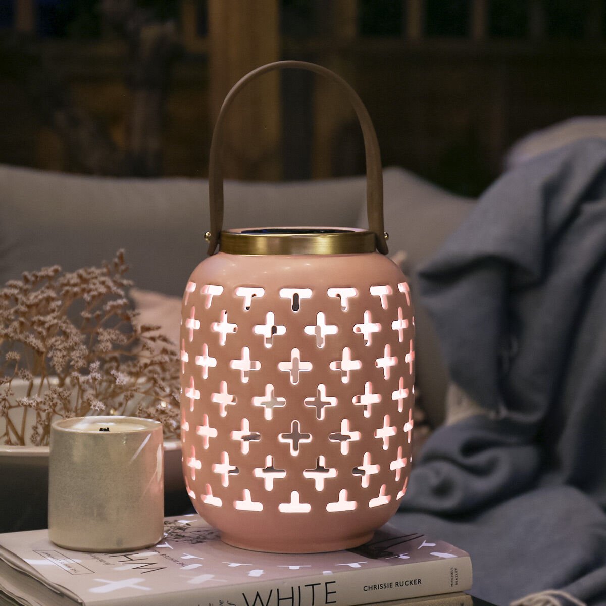 Solar Pink Ceramic Lantern, Warm White LED