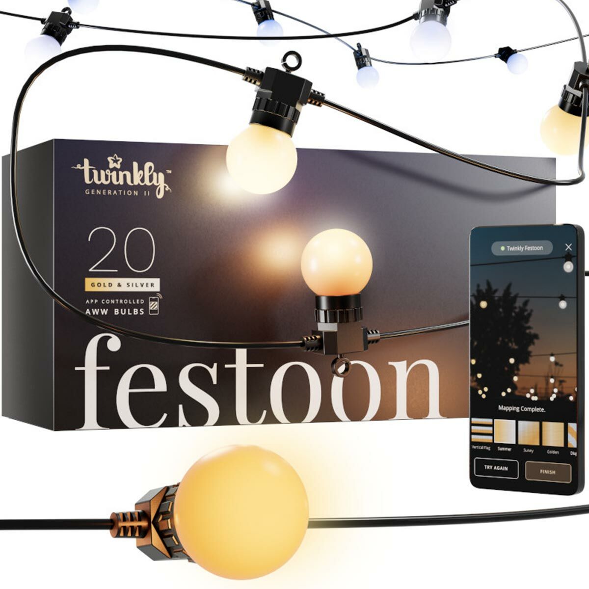 Smart App Controlled Twinkly Festoon Lights, Gold Edition - Gen II image 1