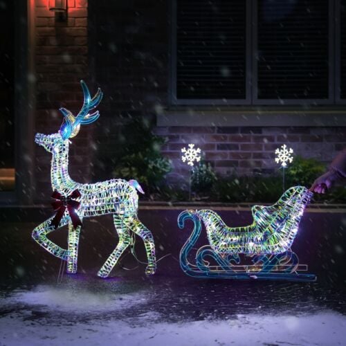 1.2m Outdoor Iridescent Reindeer & Sleigh Christmas Figure Set
