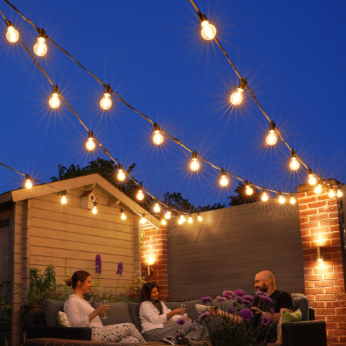 Connectable Festoon Lights with A60 Filament Effect Bulbs on Black Rubber Cable