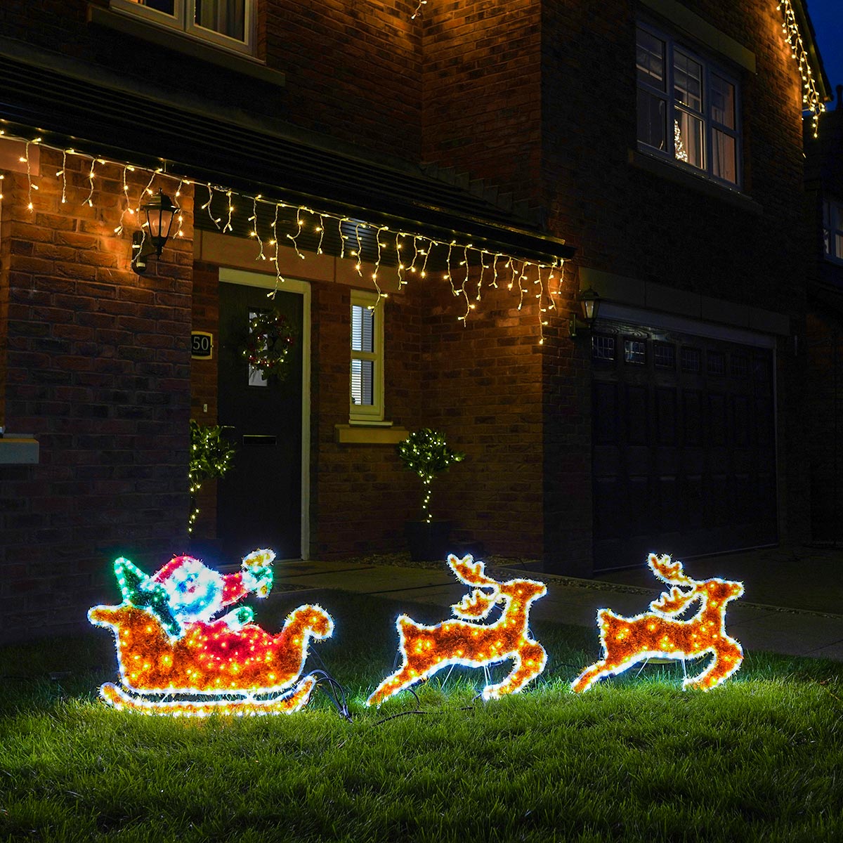 18.18m Outdoor Santa with Sleigh and Reindeer Tinsel Christmas Silhouette,  5186 Multi Colour LEDs