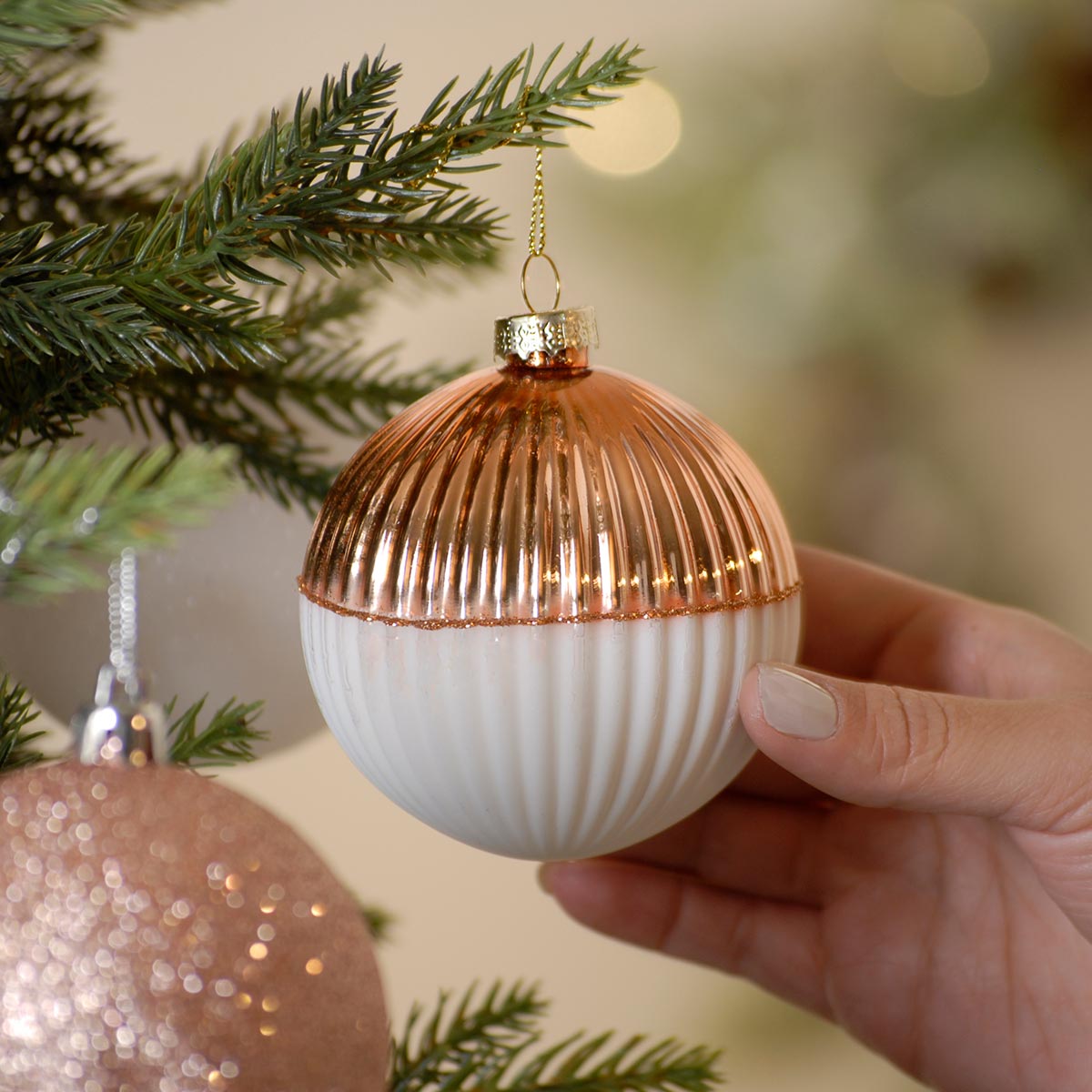 6 x Luxury Light PeachPearl Glass Baubles Blush Christmas Tree Decoration 8cm 