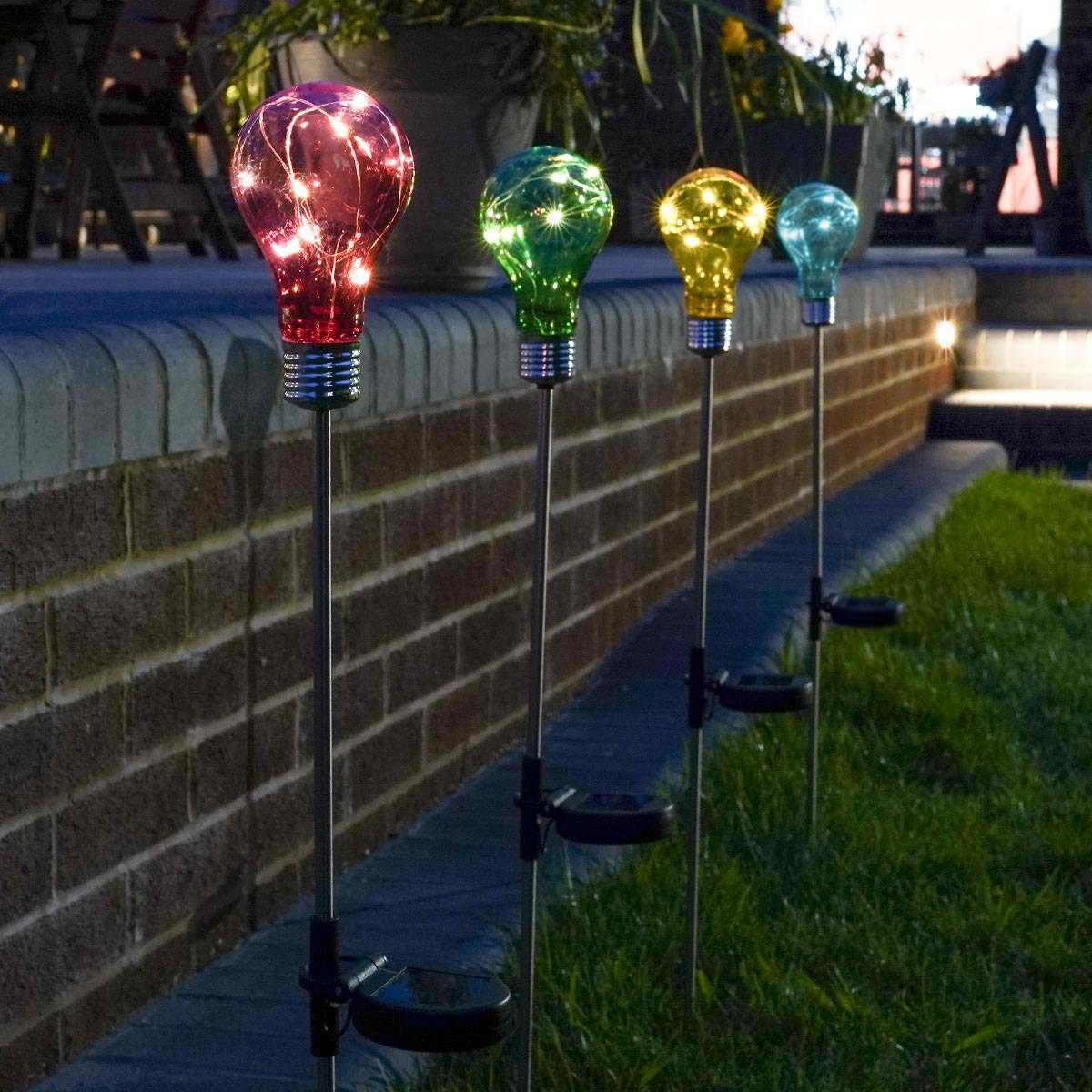 4x Solar Powered Colour Changing Crackle Glass Ball Garden Path Stake Lights 