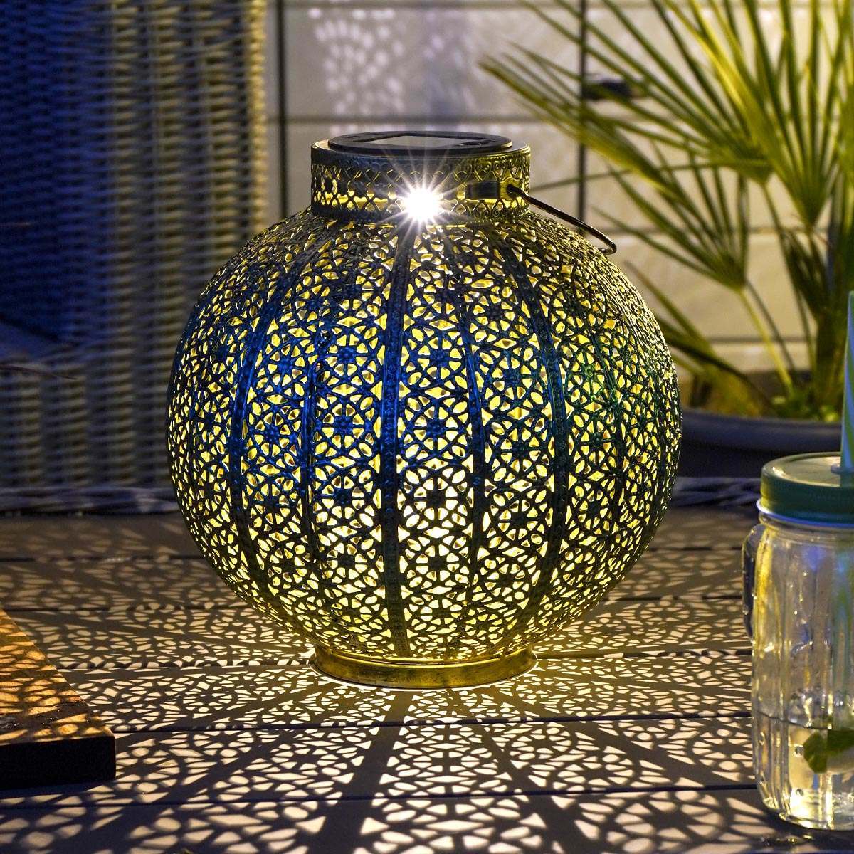Copper Effect Solar Powered LED Moroccan Style Hanging Filigree Table Lanterns 